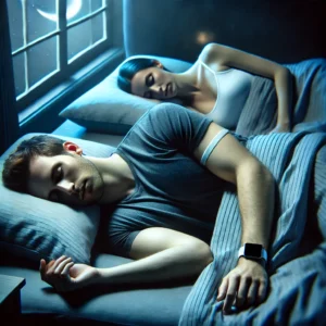 A serene bedroom scene at night showcases a couple sleeping peacefully. The focus is on one partner who is wearing the AppySleep Wristband on their wrist. Soft, glowing lines gently emanate from the wristband, symbolizing its subtle vibrating action. The individual appears relaxed and comfortable, lying on their side to indicate an optimal sleeping position encouraged by the device. Beside them, their partner also sleeps soundly, highlighting the wristband's positive impact on both individuals. The room is softly lit with hues of deep blues and muted tones, conveying a calm and restful atmosphere. Subtle elements like a crescent moon visible through a partially open window add to the nighttime ambiance. The overall image emphasizes tranquility and the innovative solution the wristband provides to reduce snoring for a better night's sleep.